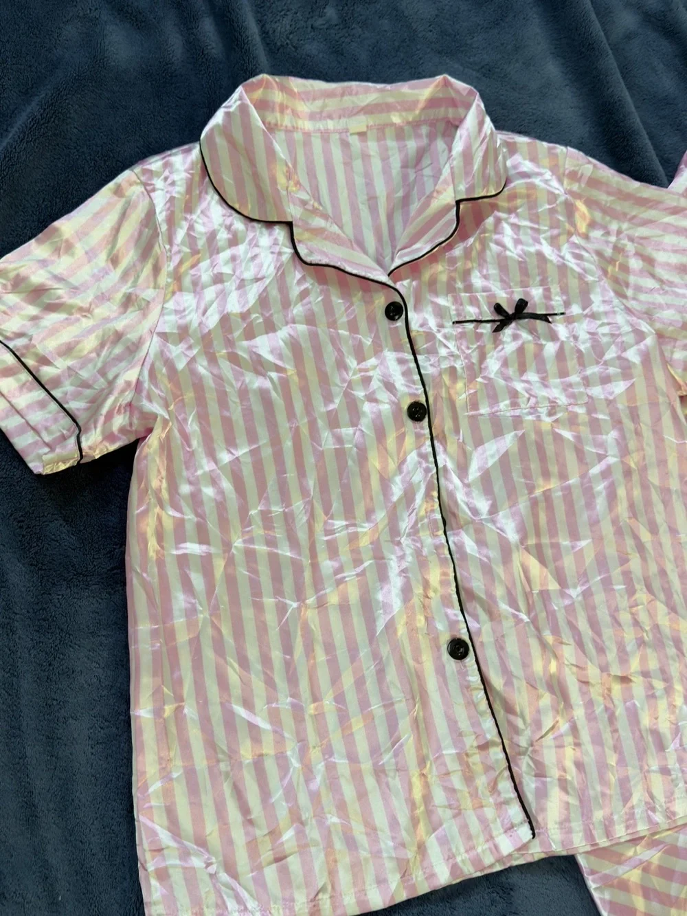 Girls' Pink and Cream Striped Short-Sleeve Pajama Set with Black Trim